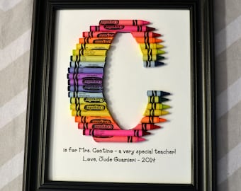 FAST SHIPPING!!! Framed 8 by 10 - Double Rainbow Crayon Letter - Personalized Teacher Gift