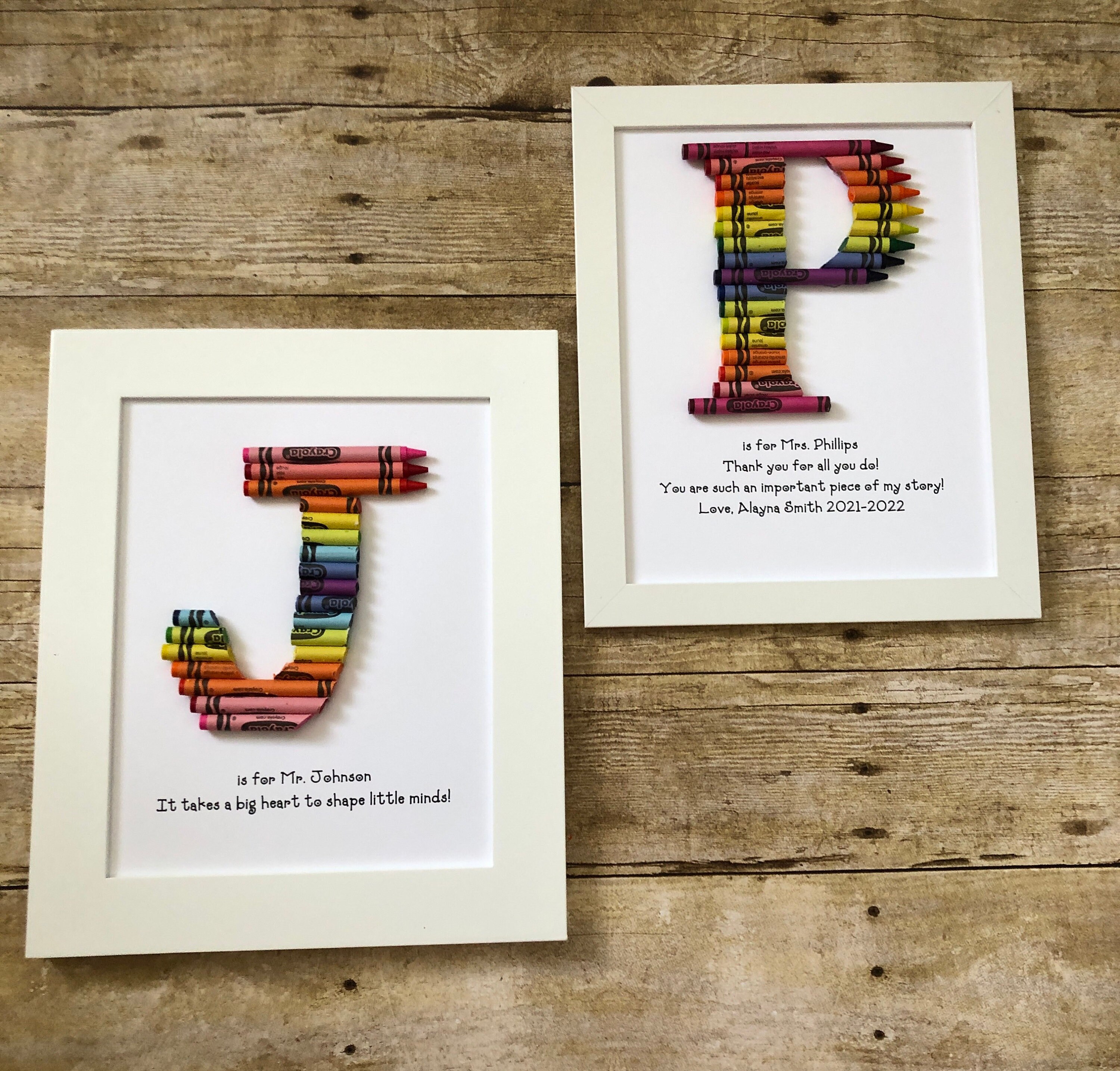 FAST SHIPPING!!! Framed 8 by 10 - Double Rainbow Crayon Letter - Personalized Teacher Gift