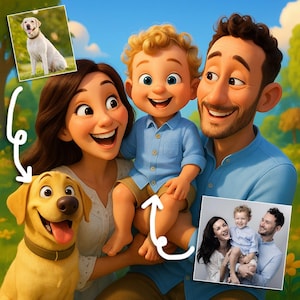 Può includere: Ritratto di famiglia illustrato digitalmente con madre, padre e bambino sorridenti. È incluso anche un cane Labrador Retriever giallo. La famiglia si trova in un ambiente simile a un parco con cielo blu e alberi verdi.
