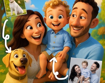 Retrato personalizado al estilo Pixar a partir de una foto. Dibujos animados 3D personalizados. Añade tu mascota a la foto. Regalo para parejas, familias y mascotas. Arte digital Pixar con niños Pixar.
