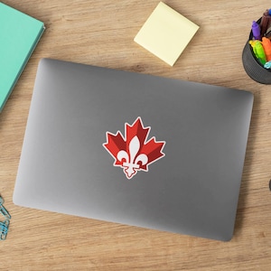 May include: A gray laptop with a red and white maple leaf and fleur-de-lis sticker. The laptop is on a wooden desk, with a green notebook, sticky note, paper clips, a pen holder, and a camera.