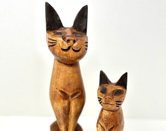 TEAK CAT FIGURINES Set of 2 Home Decor Carved Wood Figures McM Siamese Cats Statues