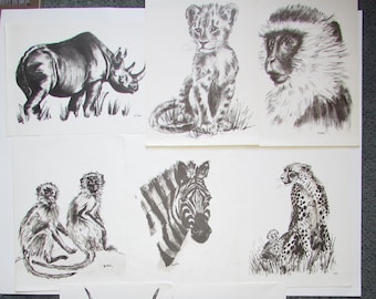 AFRICAN ANIMALS Set of 8 Prints by NIKKI Black and White Sketches Ready to Frame and Enjoy Zebra Giraffe Rhino Gazelle Monkey Africa