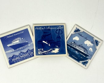 3 HOLLAND AMERICA Cruise Line Coasters Blue and White Delft Tiles with COA  Vintage Collectible Decor Prinsendam Maasdam Veendam Triton