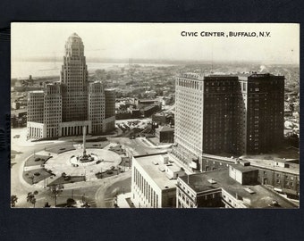 CIVIC CENTER Buffalo New York RPPC 1935 Vintage Real Photo Postcard Aerial View Hotel Statler