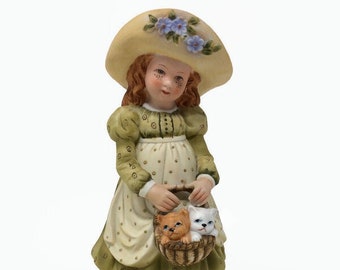 HOLLY HOBBIE FIGURINE Vintage Young Girl with Hat and Basket of Kittens Cats Made in Japan hhf-6 Little Girl Gift Idea