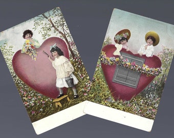 VALENTINES DAY POSTCARDS Pair of 2 Vintage Postcard Antique Large Hearts with Children in Period Costume Straw Hats Flowers Series 448