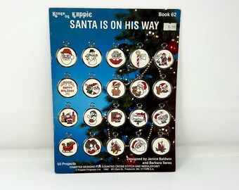 SANTA is on HIS WAY Cross Stitch Needlepoint Christmas Ornaments to Make and Give Kount on Kappie 1985