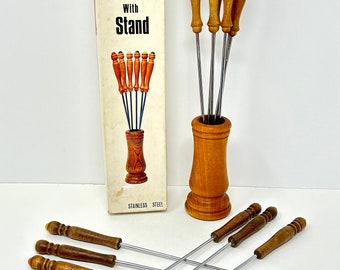 FONDUE FORKS with Wooden STAND Set of 6 Mid Century Modern Stainless Steel + Bonus 6 Forks