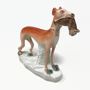 STAFFORDSHIRE GREYHOUND FIGURINE Whippet Hunting Dog with Hare Rabbit in Mouth Dog Lover Gift Idea