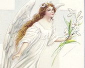 Antique Easter Postcard Easter Joys, James Pitts, Vintage Postcard cancel 1914, Angel with flowers