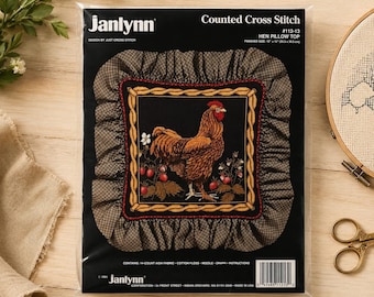 HEN PILLOW TOP Counted Cross Stitch Kit Janlynn 112-13 Brand New Sealed Unique Black Background