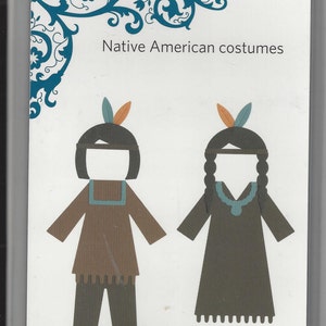 May include: Two paper doll die cuts of Native American costumes. The boy is wearing a brown shirt, pants, and a headdress with feathers. The girl is wearing a long brown dress, a necklace, and a headdress with feathers. The die cuts are on a white background with a blue floral design.