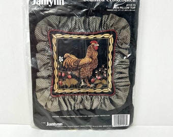 HEN PILLOW TOP Counted Cross Stitch Kit Janlynn 112-13 Brand New Sealed Unique Black Background