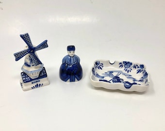 DELFT HOLLAND COLLECTIBLES Windmill Salt or Pepper Shaker, Bell and Ashtray or Trinket Dish Blue and White Decor Pieces