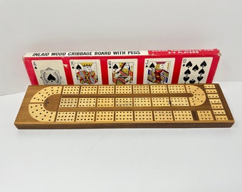 Inlaid Wood CRIBBAGE BOARD with Pegs Vintage Card Game Wooden 3 Lane for 2 to 4 Players Original Box