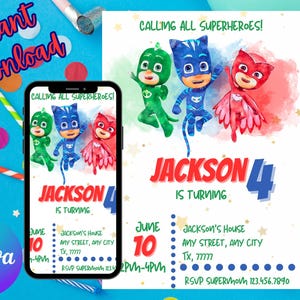 Invitación digital editable para fiesta de cumpleaños de superhéroes de PJ Masks: plantilla PDF imprimible para niños