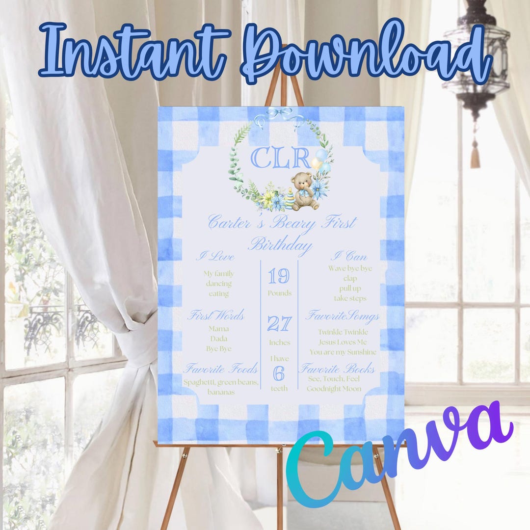 Beary First Birthday Milestone Poster for Baby Boy | Blue Gingham ...