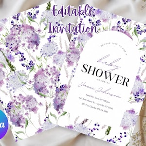 Purple Floral Baby Shower Invitation: Lavender Watercolor Flowers (Digital Download, 5x7in Canva Template)