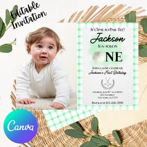 Golf-Themed First Birthday Invitation | Editable Hole-in-One Photo Invite for Boys | Printable Canva Template