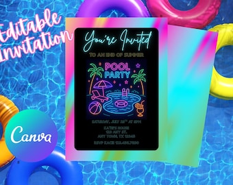 Neon Pool Party Invitation: Glow in the Dark, Editable Canva Template (5x7 inches, Digital Download