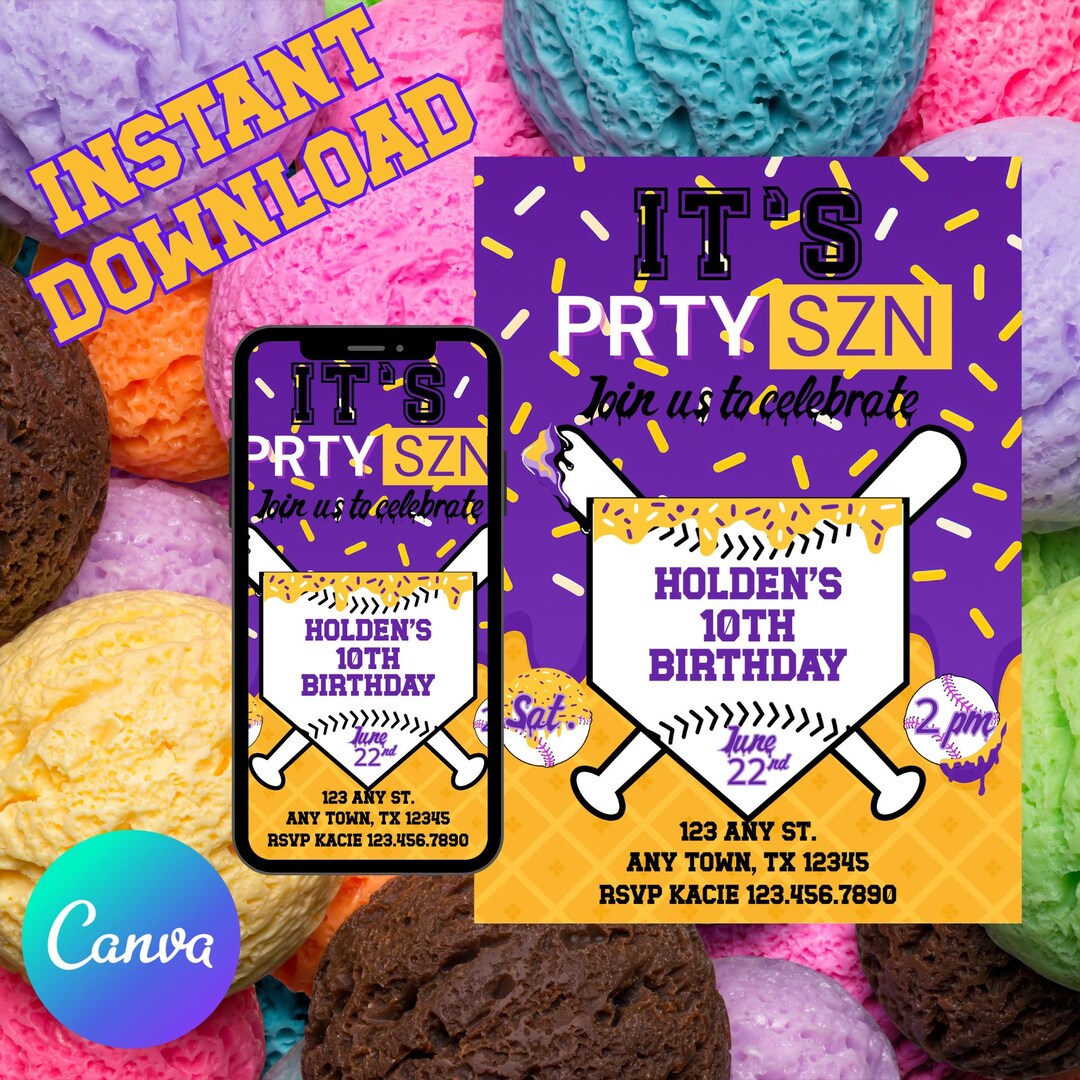 Editable Baseball Ice Cream Birthday Invitation, Printable Dripping Ice ...