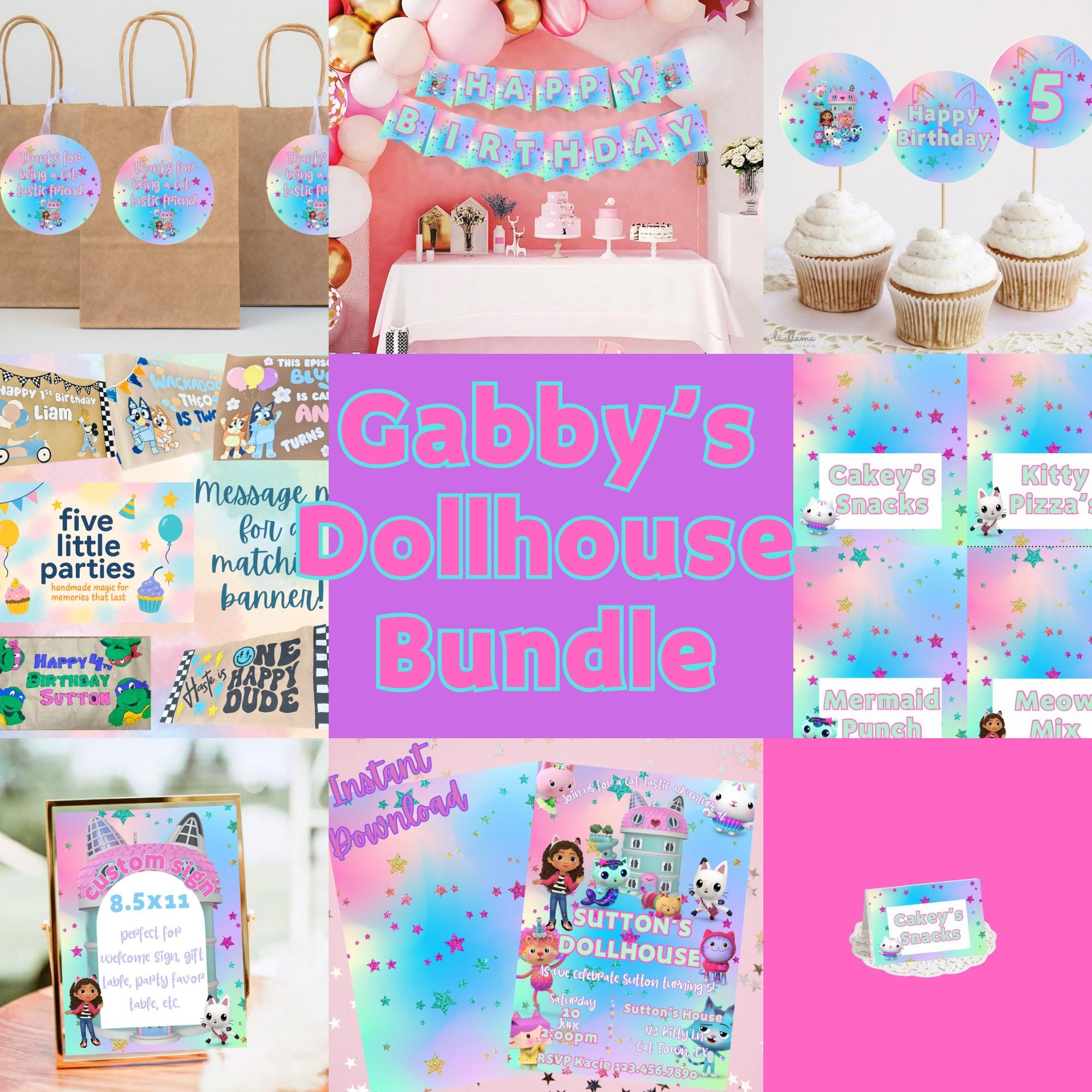 Gabby’s Dollhouse Birthday Party Bundle | Digital Download | Editable Invitation, Decorations, Labels & More