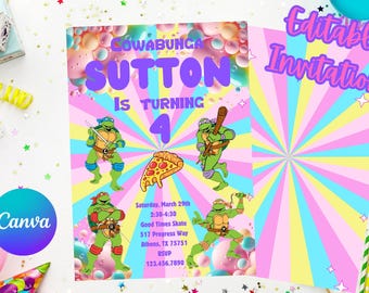 Editable Girls Ninja Turtles Birthday Invitation Template | Pink Purple TMNT Digital Download