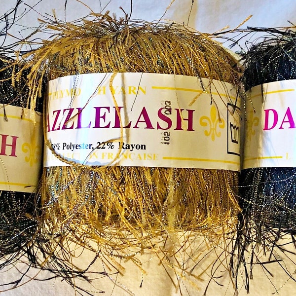 Plymouth Yarns DazzleLash, Eyelash Novelty Yarn, 3 Balls: 2-Black Metallic & 1-Gold, 220 Yards