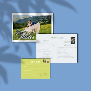 Conjunto de convites de casamento modernos e verdes | Convite com foto + RSVP + Detalhes do cartão postal | Modelo para impressão no Canva