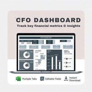 May include: A laptop displaying a CFO dashboard with financial metrics and insights. The screen shows charts and data tables with the text "CFO DASHBOARD" and "Track key financial metrics & insights". Icons indicate multiple tabs, editable fields, and instant download.