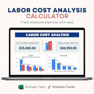 Può includere: Uno schermo di un laptop che mostra un calcolatore di analisi dei costi del lavoro. Lo schermo mostra grafici e cifre per i costi del lavoro stimati e reali, con il testo "Labor Cost Analysis" in alto. Il testo "Track employee expenses with ease" è anche visibile.