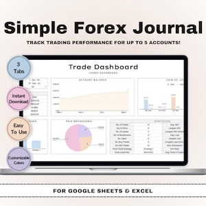 May include: A laptop screen displays a "Simple Forex Journal" dashboard with charts and data visualizations. The design highlights features like instant download, easy use, and customizable colors. The journal tracks trading performance for up to 5 accounts.