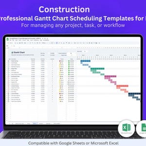Puede incluir: Un portátil muestra una plantilla de diagrama de Gantt para la gestión de proyectos. La pantalla muestra una hoja de cálculo con plazos de tareas en color. El texto en la parte superior dice "Construction" y "15+ Professional Gantt Chart Scheduling Templates for Excel."