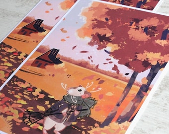 Autumn Rat Art Print A5 – Cozy Fall Wall Decor, Cute Mouse Illustration, Cottagecore Animal Artwork