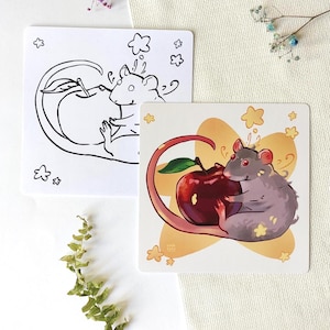 Sommerratte Bundle – 1 Postkarte + 1 Malseite | Süsses Tier Briefpapier Set | Rattenliebhaber Geschenk | Wunderliche Tierkunst