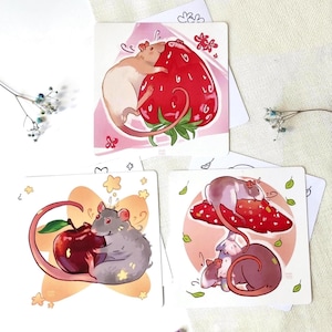 Paquete de Ratas de Verano (3+3 piezas): 3 postales + 3 páginas para colorear / Set de papelería con animales adorables / Regalo para amantes de las ratas / Arte animal caprichoso