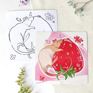 Pacchetto Topo Estivo - 1 Cartolina + 1 Pagina da Colorare / Set di Cancelleria con Animali Carini / Regalo per gli Amanti dei Topi / Arte con Animali Stravaganti