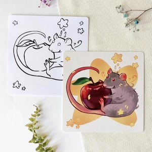 Paquete de Ratas de Verano: 1 postal + 1 página para colorear / Set de papelería con animales adorables / Regalo para amantes de las ratas / Arte animal caprichoso
