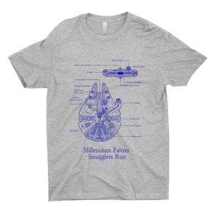 以下が含まれることがあります： ミレニアム・ファルコン宇宙船の青と白の図が描かれたグレーのTシャツ。図には、「クワッド・レーザー・キャノン」、「エスケープ・ポッド」、「フォワード・ミサイル・ポッド」など、船のさまざまな部分のラベルが付けられています。「ミレニアム・ファルコン・スマグラーズ・ラン」というテキストが図の下に印刷されています。