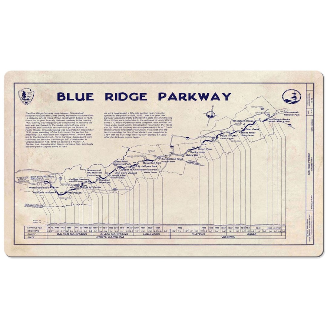 Blue Ridge Parkway - Mountains - Desk Mat - Blueprint - Highway - Print