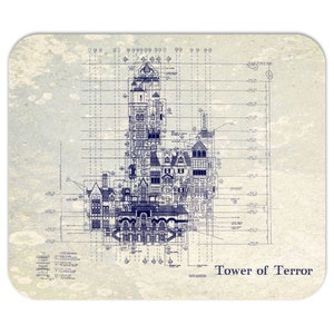 May include: A blueprint style illustration of the Tower of Terror ride at Disney World. The blueprint is in shades of blue on a white background. The text "Tower of Terror" is at the bottom of the image.
