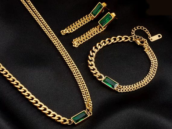 18K Gold Plated Stainless Steel Emerald Jewelry Set