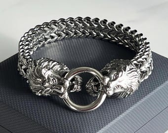 Silver Lion Head Mesh Bracelet – Stainless Steel Bold Chain Bracelet, Luxury Statement Jewelry