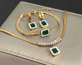 Juego de joyas de esmeralda en acero inoxidable chapado en oro de 18 quilates