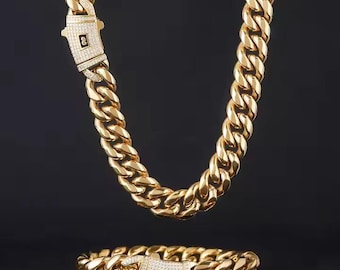 Cadena cubana chapada en oro de 18 quilates: collar o pulsera de acero inoxidable resistente al deslustre