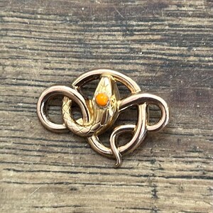 Op de afbeelding: Een goudkleurige metalen broche met een ontwerp van een kronkelende slang die een cirkelvorm vormt. De slang heeft een gestructureerd schubbenpatroon op het lichaam en een kleine, ronde, feloranje steen in het midden van de kop als detail.