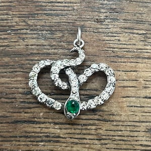 Può includere: Un ciondolo a forma di serpente color argento con il corpo avvolto incastonato di numerose piccole pietre trasparenti e una singola pietra rotonda verde brillante incastonata nella testa. Il ciondolo presenta un piccolo anello argentato in alto.