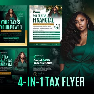 Könnte beinhalten: Ein 4-in-1-Steuer-Flyer mit einer Frau in einem grünen Anzug. Der Flyer enthält Texte wie "Ihre Steuern, Ihre Macht" und "End-of-Year Financial Bootcamp". Der Flyer wirbt für Steuercoaching-Sitzungen und -Programme.