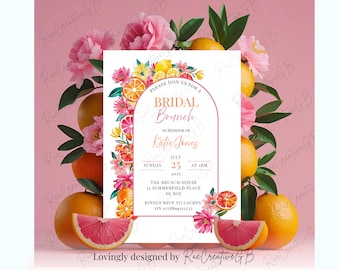 Citrus Bridal Brunch Invitation | A5 summer bridal shower invite | editable canva template | bold floral summer printable | garden party